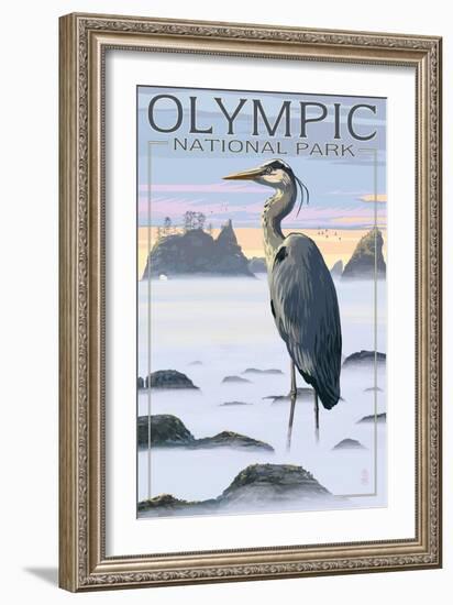 Olympic National Park - Heron and Fog Shorline-Lantern Press-Framed Art Print