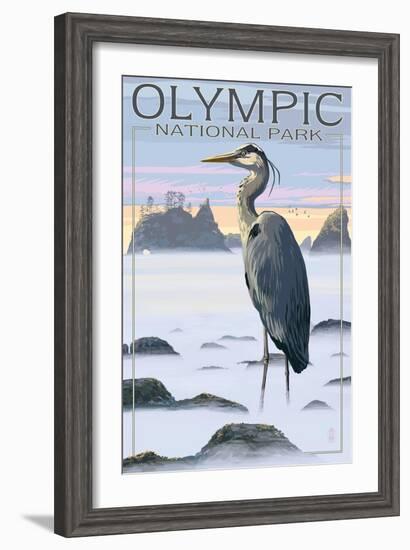 Olympic National Park - Heron and Fog Shorline-Lantern Press-Framed Art Print