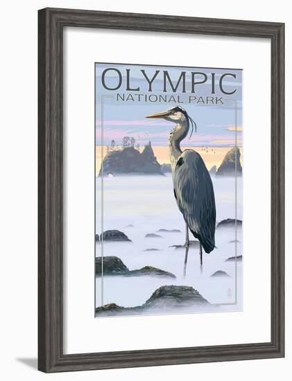 Olympic National Park - Heron and Fog Shorline-Lantern Press-Framed Art Print