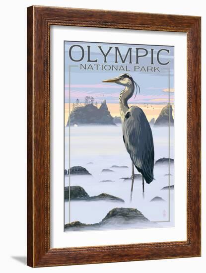 Olympic National Park - Heron and Fog Shorline-Lantern Press-Framed Art Print