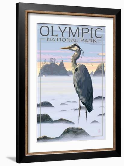 Olympic National Park - Heron and Fog Shorline-Lantern Press-Framed Art Print