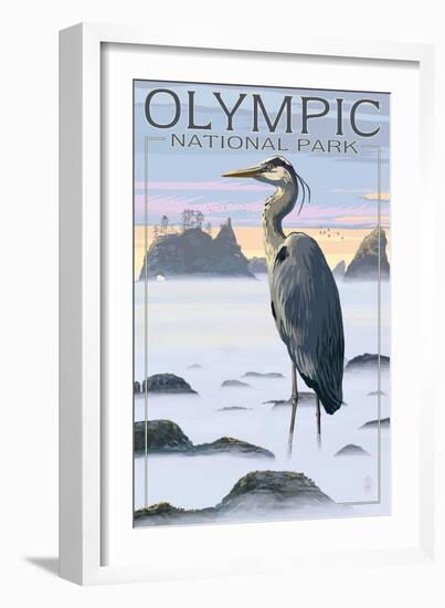 Olympic National Park - Heron and Fog Shorline-Lantern Press-Framed Art Print