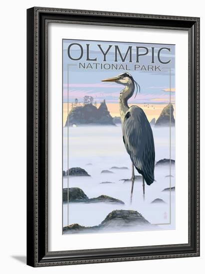 Olympic National Park - Heron and Fog Shorline-Lantern Press-Framed Art Print