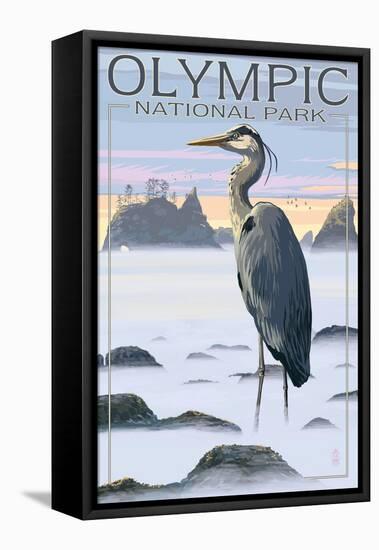 Olympic National Park - Heron and Fog Shorline-Lantern Press-Framed Stretched Canvas