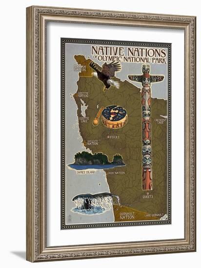 Olympic National Park - Map of Native Tribes-Lantern Press-Framed Art Print