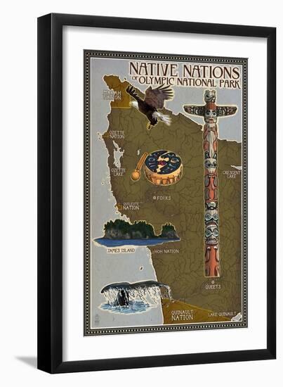 Olympic National Park - Map of Native Tribes-Lantern Press-Framed Art Print