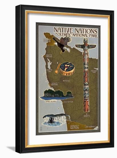 Olympic National Park - Map of Native Tribes-Lantern Press-Framed Art Print