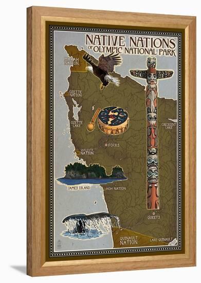 Olympic National Park - Map of Native Tribes-Lantern Press-Framed Stretched Canvas