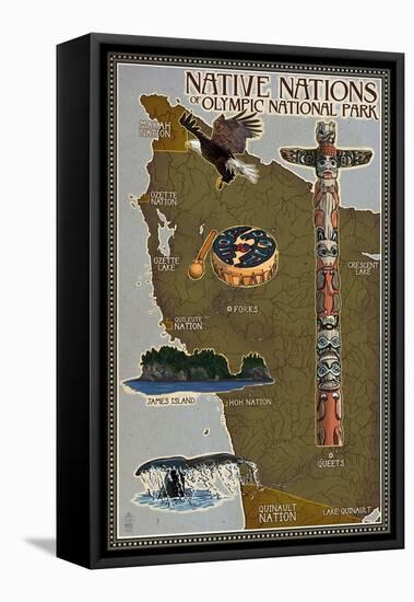 Olympic National Park - Map of Native Tribes-Lantern Press-Framed Stretched Canvas