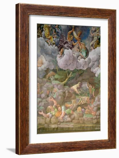 Olympus and Zeus Destroying the Rebellious Giants, Walls of the Sala Dei Giganti, 1530-32-Giulio Romano-Framed Giclee Print