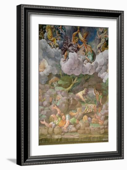 Olympus and Zeus Destroying the Rebellious Giants, Walls of the Sala Dei Giganti, 1530-32-Giulio Romano-Framed Giclee Print