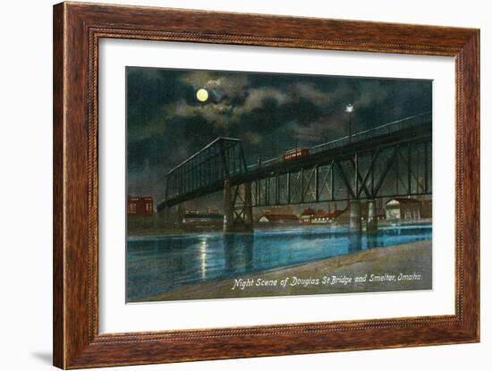 Omaha, Nebraska, View of the Douglas Street Bridge and Smelter at Night-Lantern Press-Framed Art Print