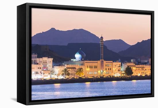Oman, Muscat. Mutrah Harbour and Old Town at Dusk-Matteo Colombo-Framed Premier Image Canvas