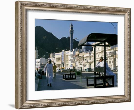 Omanis Walk and Sit Alongside Muttrah's Busy Corniche-John Warburton-lee-Framed Photographic Print