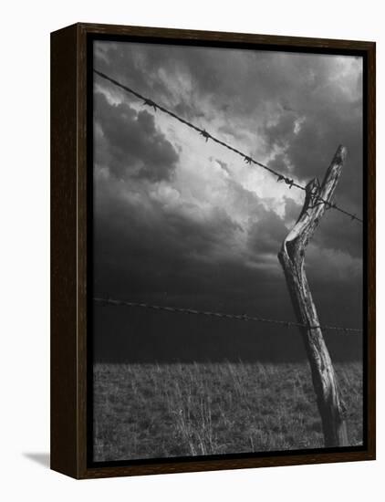 On a Small Farm, Ominous Clouds Overhead, Outlined by Barbed Wire Fencing-Nat Farbman-Framed Premier Image Canvas
