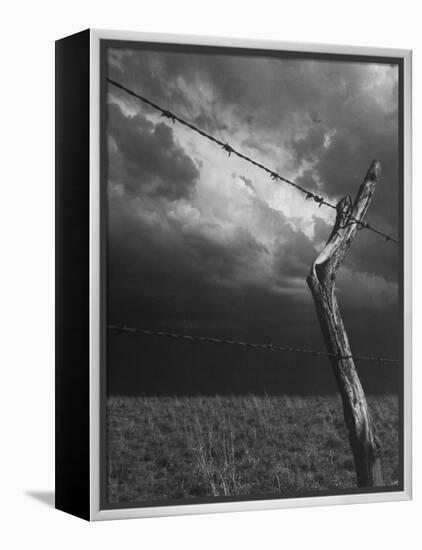 On a Small Farm, Ominous Clouds Overhead, Outlined by Barbed Wire Fencing-Nat Farbman-Framed Premier Image Canvas