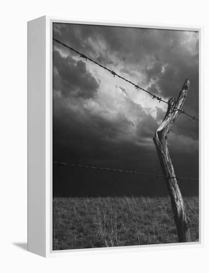 On a Small Farm, Ominous Clouds Overhead, Outlined by Barbed Wire Fencing-Nat Farbman-Framed Premier Image Canvas