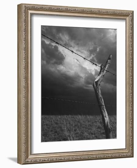 On a Small Farm, Ominous Clouds Overhead, Outlined by Barbed Wire Fencing-Nat Farbman-Framed Photographic Print