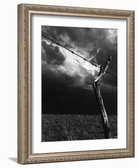 On a Small Farm, Ominous Clouds Overhead, Outlined by Barbed Wire Fencing-Nat Farbman-Framed Photographic Print