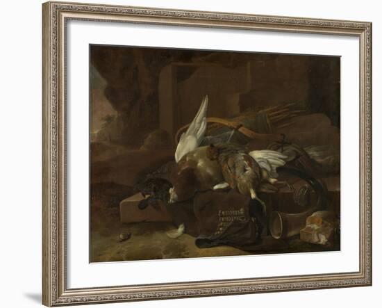 On a Stone Plinth are a Duck and a Partridge Hunting Gear-Melchior d'Hondecoeter-Framed Art Print