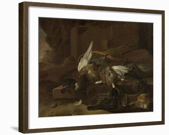 On a Stone Plinth are a Duck and a Partridge Hunting Gear-Melchior d'Hondecoeter-Framed Art Print