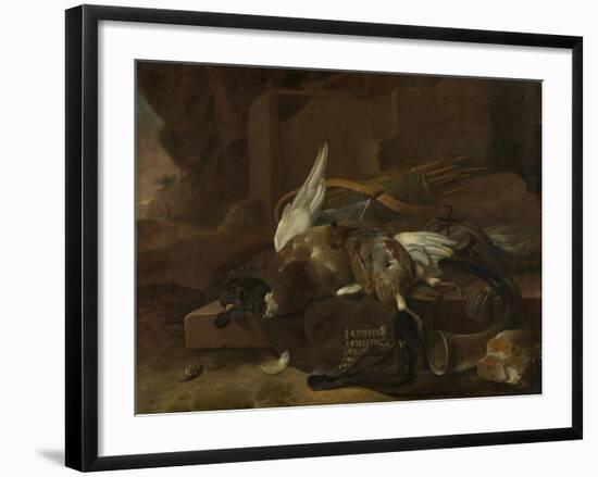 On a Stone Plinth are a Duck and a Partridge Hunting Gear-Melchior d'Hondecoeter-Framed Art Print