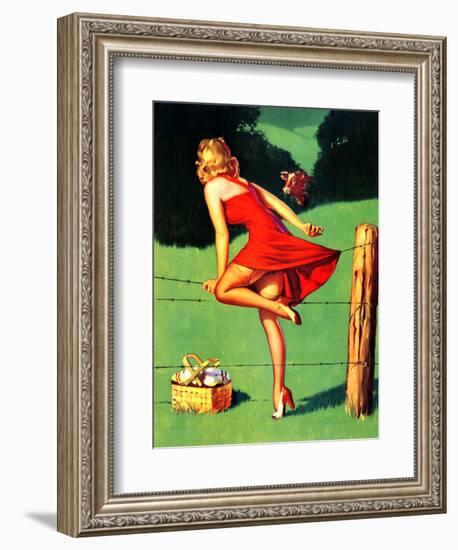 On De-Fence Pin-Up 1940S-Gil Elvgren-Framed Art Print