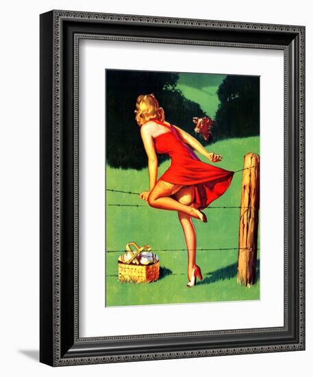 On De-Fence Pin-Up 1940S-Gil Elvgren-Framed Art Print