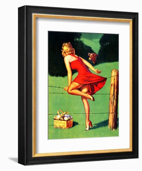 On De-Fence Pin-Up 1940S-Gil Elvgren-Framed Art Print