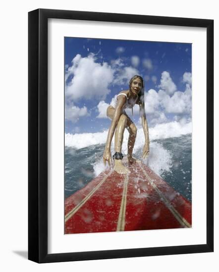 On-surfboard View of a Female Surfer-null-Framed Photographic Print