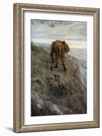 On the Alert - Lioness and Cubs, C1878-1910-John Macallan Swan-Framed Giclee Print