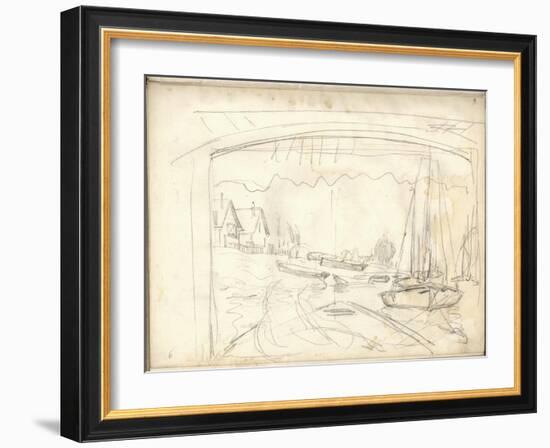 On the Boat Studio, Facing the Petit-Gennevilliers (Pencil on Paper)-Claude Monet-Framed Giclee Print