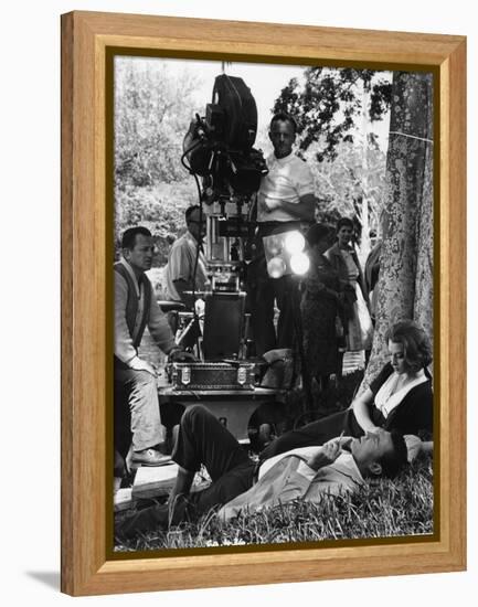 On the set of film ROCCO and SES FRERES, Luchino Visconti directs Renato Salvatori and Annie Girard-null-Framed Stretched Canvas