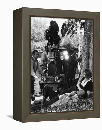 On the set of film ROCCO and SES FRERES, Luchino Visconti directs Renato Salvatori and Annie Girard-null-Framed Stretched Canvas