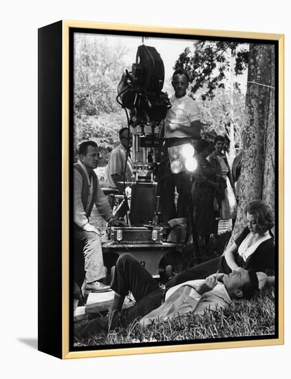 On the set of film ROCCO and SES FRERES, Luchino Visconti directs Renato Salvatori and Annie Girard-null-Framed Stretched Canvas