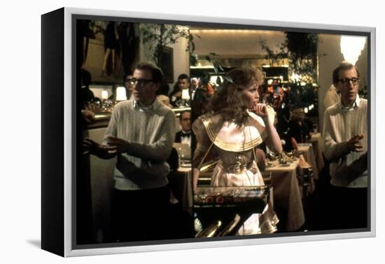 On the set, Woody Allen directs Mia Farrow. RADIO DAYS, 1987 directed by Woody Allen (photo)-null-Framed Stretched Canvas