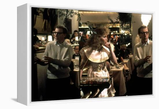 On the set, Woody Allen directs Mia Farrow. RADIO DAYS, 1987 directed by Woody Allen (photo)-null-Framed Stretched Canvas