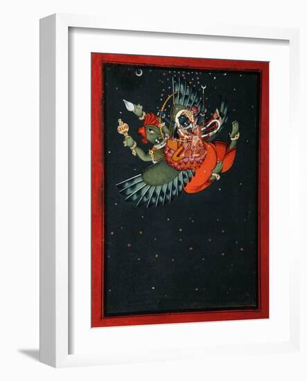 On the Wings of Garuda: Krishna and Satyabhama Fly Through the Night Sky, C.1750-null-Framed Giclee Print