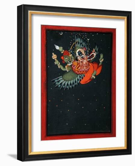 On the Wings of Garuda: Krishna and Satyabhama Fly Through the Night Sky, C.1750-null-Framed Giclee Print