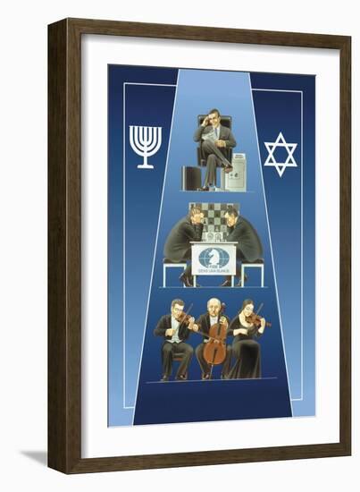 One Israeli Banking, Two Israelis Playing Chess, Three Israelis in Orchestra-Dimitri Deeva-Framed Art Print