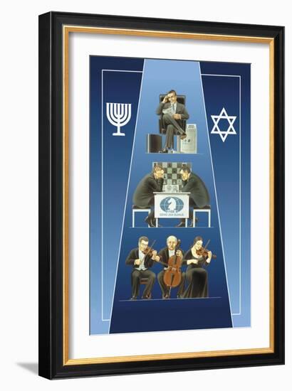 One Israeli Banking, Two Israelis Playing Chess, Three Israelis in Orchestra-Dimitri Deeva-Framed Art Print