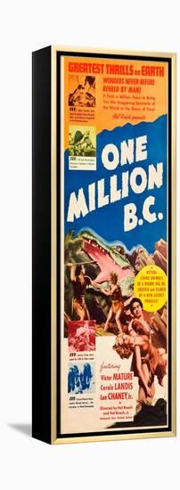 ONE MILLION B.C., left and right: Victor Mature, Carole Landis on insert poster, 1940.-null-Framed Stretched Canvas