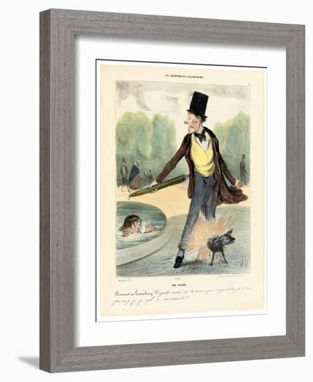 One O'Clock: Walking in the Luxembourg Gardens, 1839 (Hand-Coloured Lithograph)-Honore Daumier-Framed Giclee Print