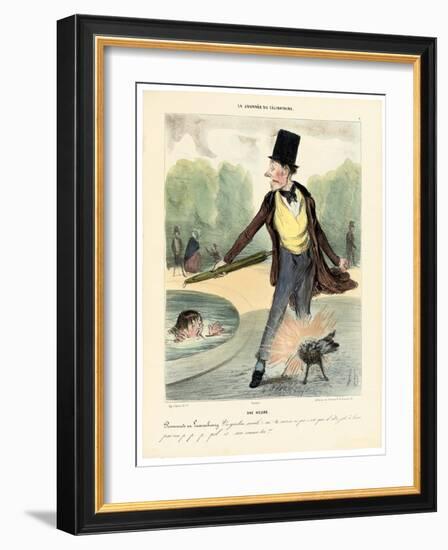 One O'Clock: Walking in the Luxembourg Gardens, 1839 (Hand-Coloured Lithograph)-Honore Daumier-Framed Giclee Print