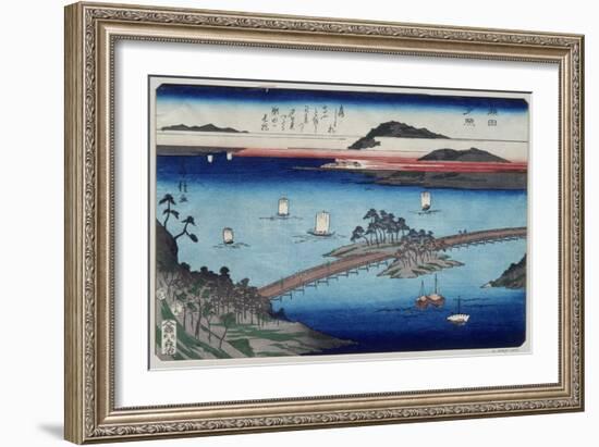 One of the Eight Views of Lake Biwa, Showing Boats Sailing and a Bridge-Fusatane-Framed Giclee Print