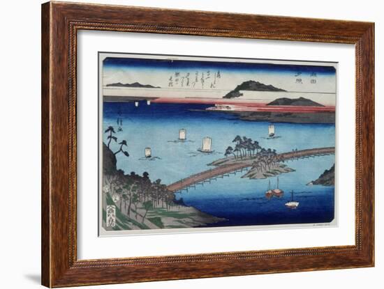 One of the Eight Views of Lake Biwa, Showing Boats Sailing and a Bridge-Fusatane-Framed Giclee Print