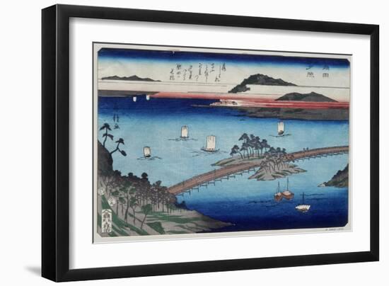 One of the Eight Views of Lake Biwa, Showing Boats Sailing and a Bridge-Fusatane-Framed Giclee Print