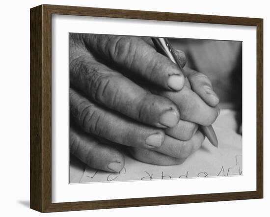 One of the Rotolo Brothers Learning to Write After Cataract Operations Which Restored Their Sight-Carlo Bavagnoli-Framed Photographic Print