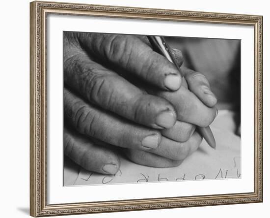 One of the Rotolo Brothers Learning to Write After Cataract Operations Which Restored Their Sight-Carlo Bavagnoli-Framed Photographic Print