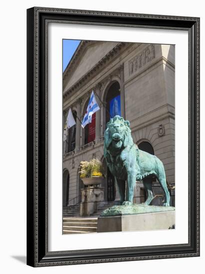 One of Two Bronze Lion Statues Outside the Art Institute of Chicago-Amanda Hall-Framed Photographic Print